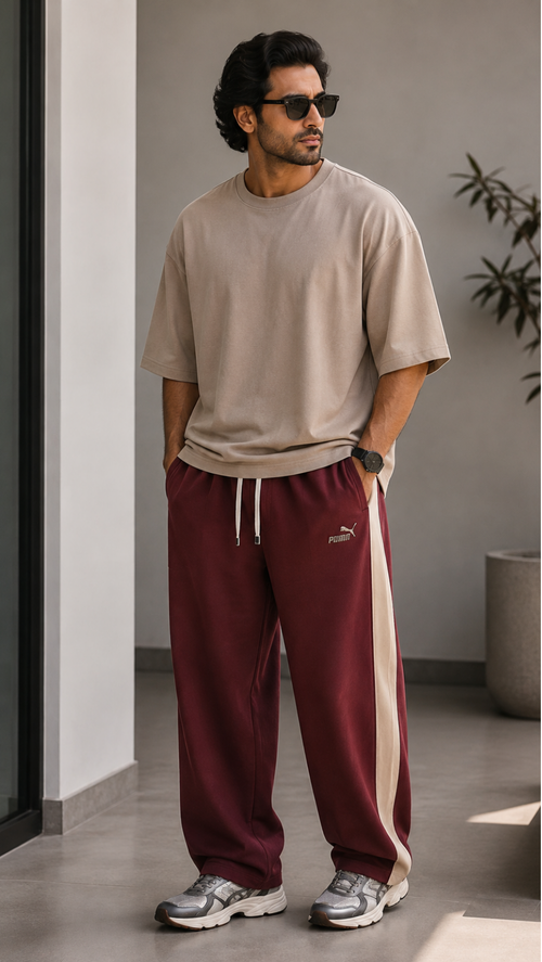 Ravaaz Burgundy Contrast-Panel Baggy Trouser